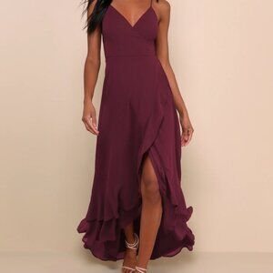 In Love Forever Plum Lace-Up High-Low Maxi Dress